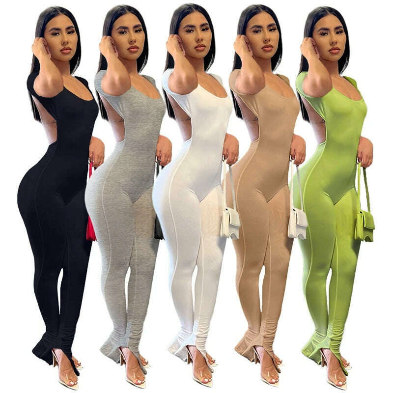 Solid Bodycon Backless Jumpsuit Sexy Summer Rompers Womens Jumpsuit Long Pants Workout Overalls Party Club One Piece Outfit - KIMLUD