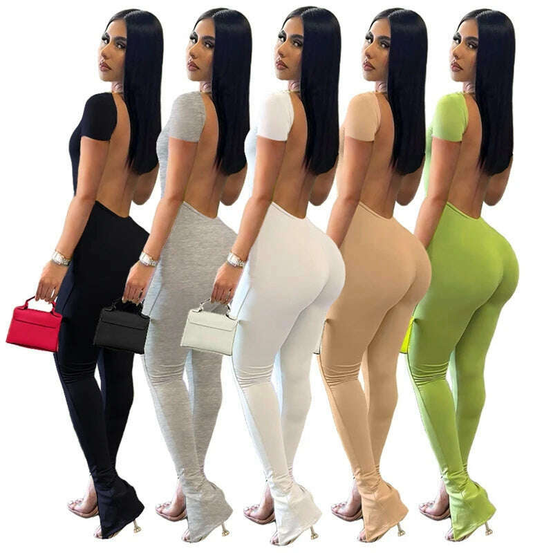 Solid Bodycon Backless Jumpsuit Sexy Summer Rompers Womens Jumpsuit Long Pants Workout Overalls Party Club One Piece Outfit - KIMLUD