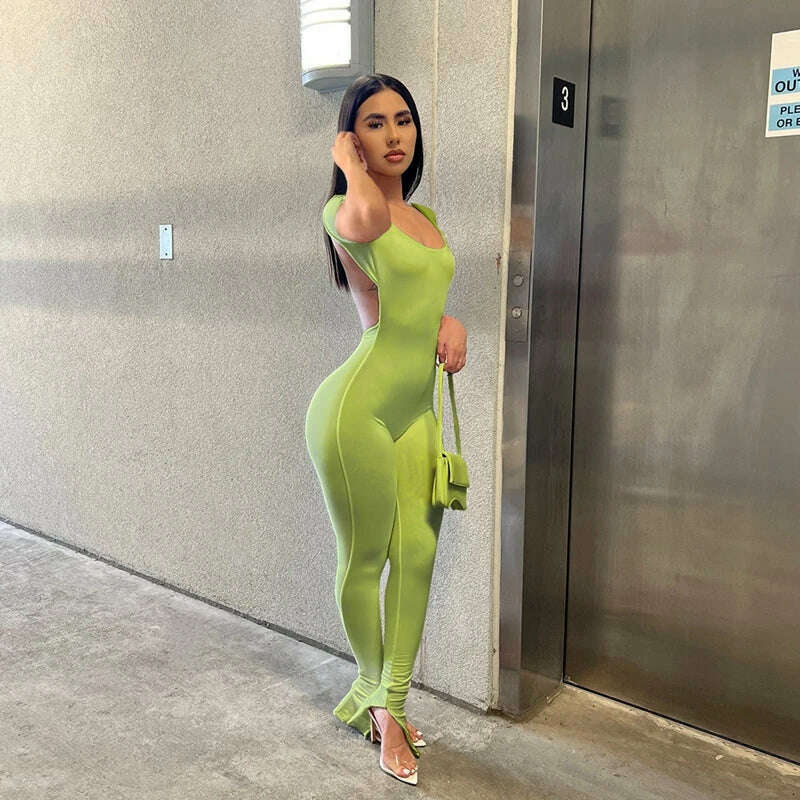 Solid Bodycon Backless Jumpsuit Sexy Summer Rompers Womens Jumpsuit Long Pants Workout Overalls Party Club One Piece Outfit - KIMLUD