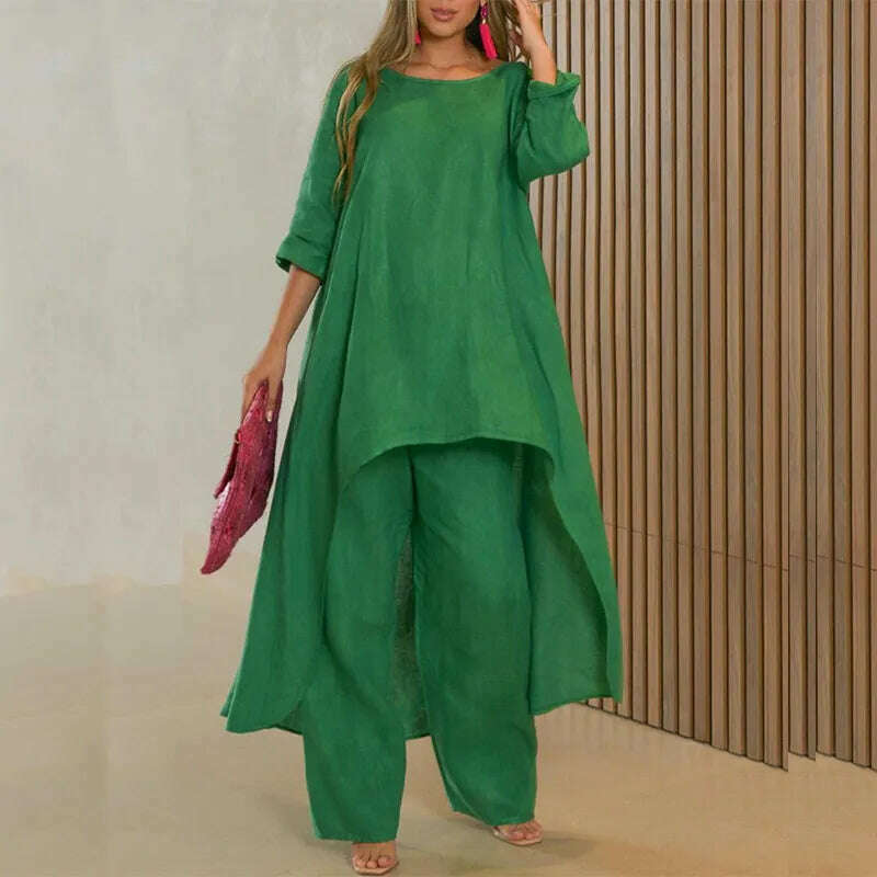 Solid Loose Suits Casual Women Autumn 2 Piece Sets Fashion Long Sleeve O Neck Irregular Long Tops + Straight Pants Ladies Suit - KIMLUD