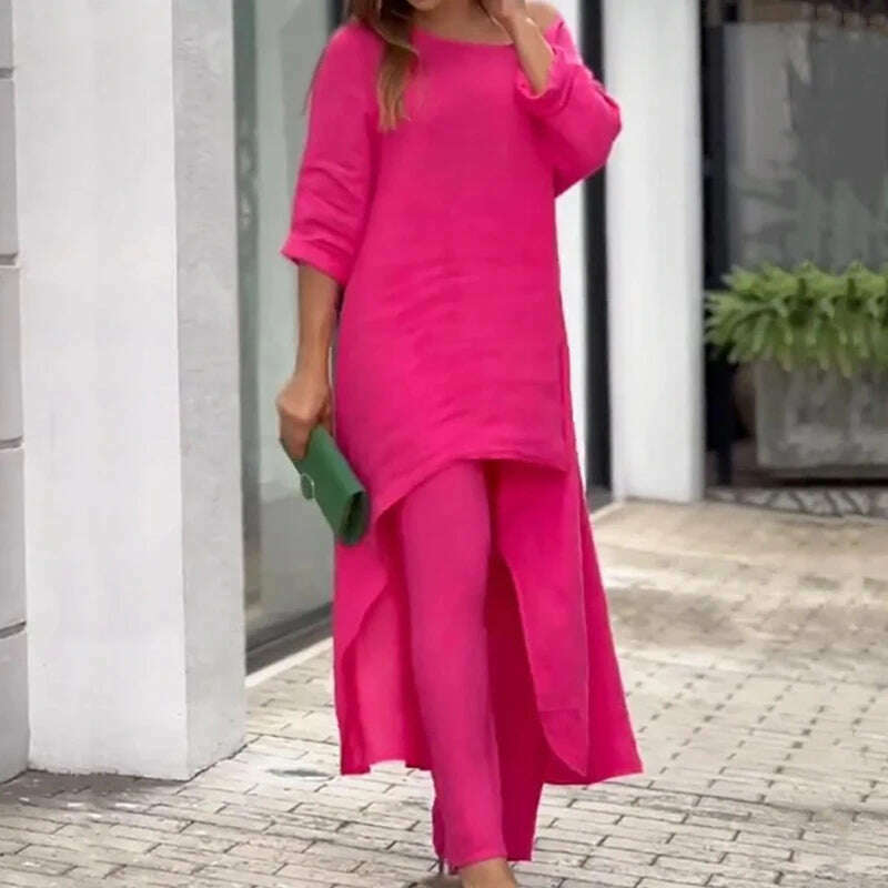 Solid Loose Suits Casual Women Autumn 2 Piece Sets Fashion Long Sleeve O Neck Irregular Long Tops + Straight Pants Ladies Suit - KIMLUD