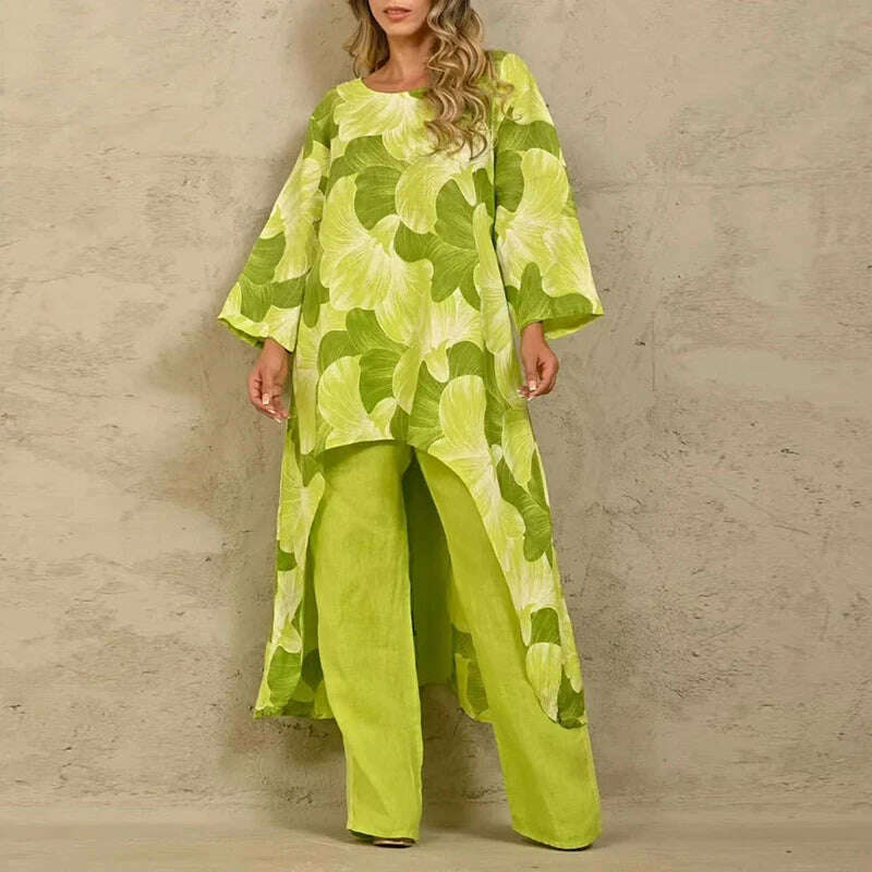 Solid Loose Suits Casual Women Autumn 2 Piece Sets Fashion Long Sleeve O Neck Irregular Long Tops + Straight Pants Ladies Suit - KIMLUD