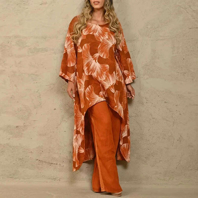 Solid Loose Suits Casual Women Autumn 2 Piece Sets Fashion Long Sleeve O Neck Irregular Long Tops + Straight Pants Ladies Suit - KIMLUD