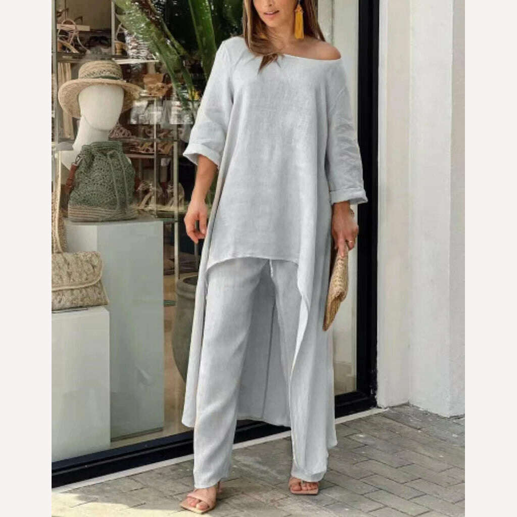 Solid Loose Suits Casual Women Autumn 2 Piece Sets Fashion Long Sleeve O Neck Irregular Long Tops + Straight Pants Ladies Suit - KIMLUD