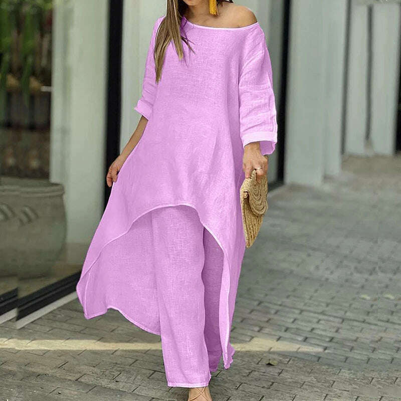 Solid Loose Suits Casual Women Autumn 2 Piece Sets Fashion Long Sleeve O Neck Irregular Long Tops + Straight Pants Ladies Suit - KIMLUD