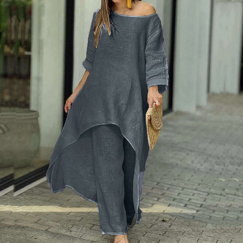 Solid Loose Suits Casual Women Autumn 2 Piece Sets Fashion Long Sleeve O Neck Irregular Long Tops + Straight Pants Ladies Suit - KIMLUD