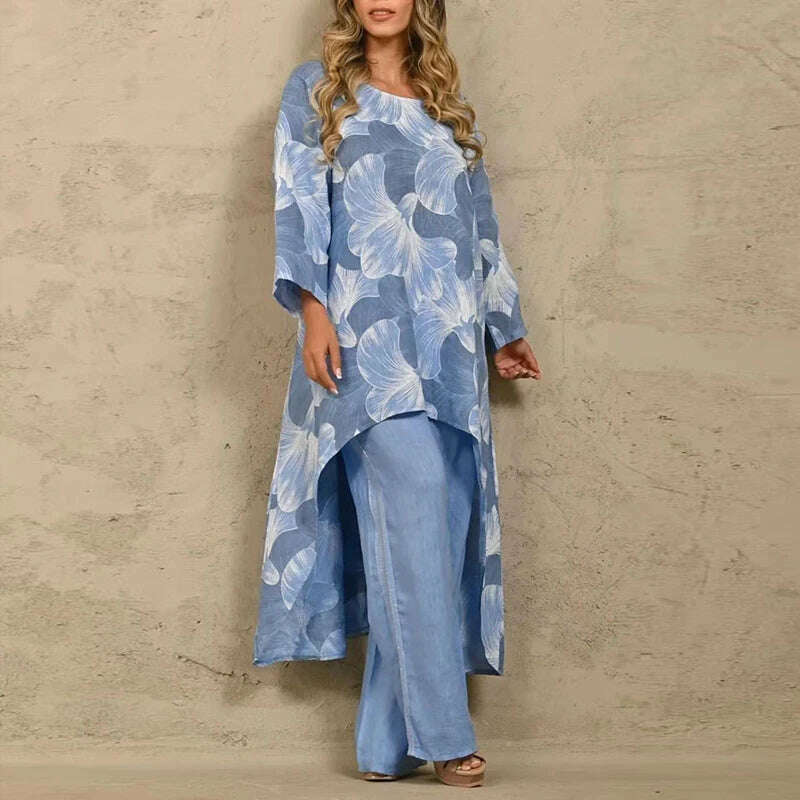 Solid Loose Suits Casual Women Autumn 2 Piece Sets Fashion Long Sleeve O Neck Irregular Long Tops + Straight Pants Ladies Suit - KIMLUD