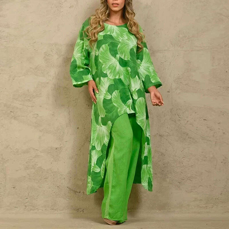 Solid Loose Suits Casual Women Autumn 2 Piece Sets Fashion Long Sleeve O Neck Irregular Long Tops + Straight Pants Ladies Suit - KIMLUD