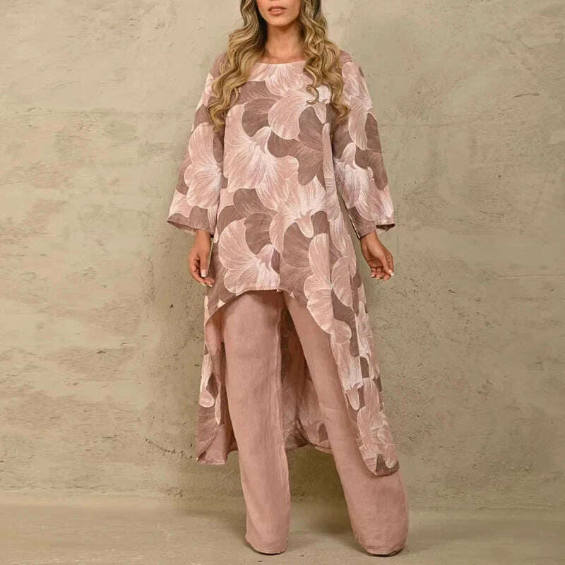Solid Loose Suits Casual Women Autumn 2 Piece Sets Fashion Long Sleeve O Neck Irregular Long Tops + Straight Pants Ladies Suit - KIMLUD