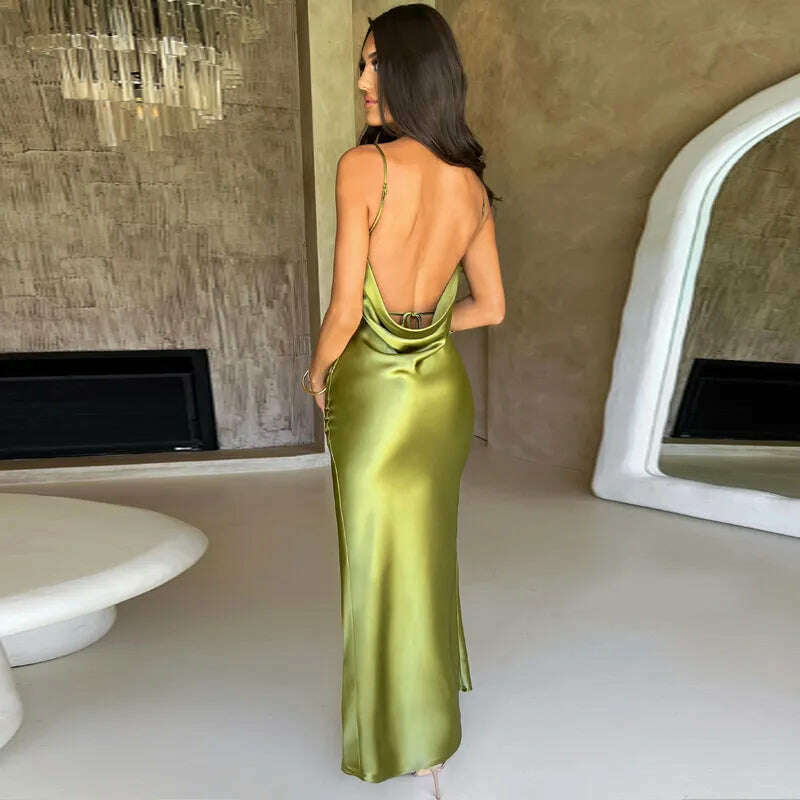 Spaghetti Strap White Long Satin Dress Elegant Party Dress For Women 2023 Summer High Slit Backless Formal Occasion Dresses Maxi - KIMLUD