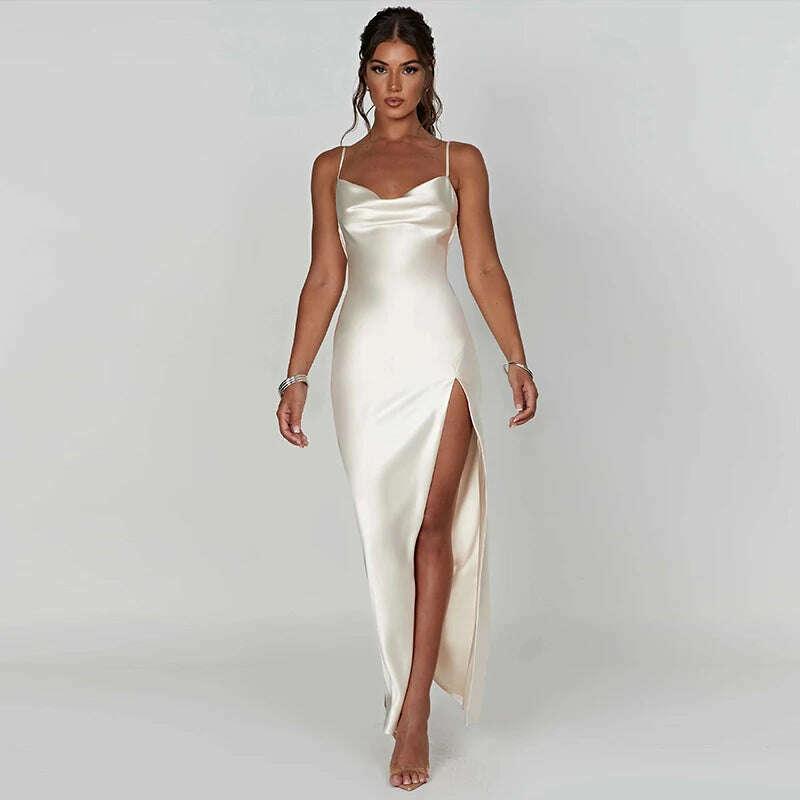 Spaghetti Strap White Long Satin Dress Elegant Party Dress For Women 2023 Summer High Slit Backless Formal Occasion Dresses Maxi - KIMLUD