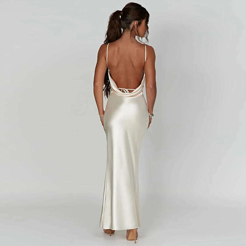 Spaghetti Strap White Long Satin Dress Elegant Party Dress For Women 2023 Summer High Slit Backless Formal Occasion Dresses Maxi - KIMLUD