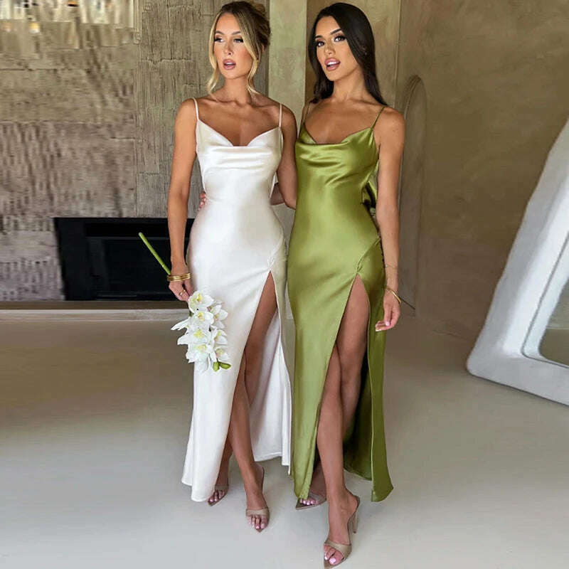 Spaghetti Strap White Long Satin Dress Elegant Party Dress For Women 2023 Summer High Slit Backless Formal Occasion Dresses Maxi - KIMLUD