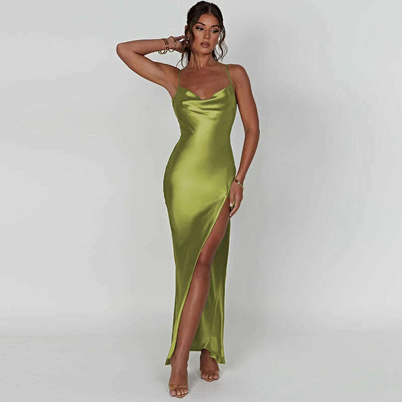 Spaghetti Strap White Long Satin Dress Elegant Party Dress For Women 2023 Summer High Slit Backless Formal Occasion Dresses Maxi - KIMLUD