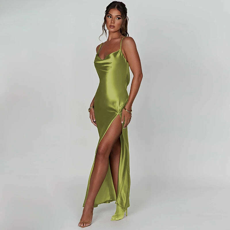 Spaghetti Strap White Long Satin Dress Elegant Party Dress For Women 2023 Summer High Slit Backless Formal Occasion Dresses Maxi - KIMLUD