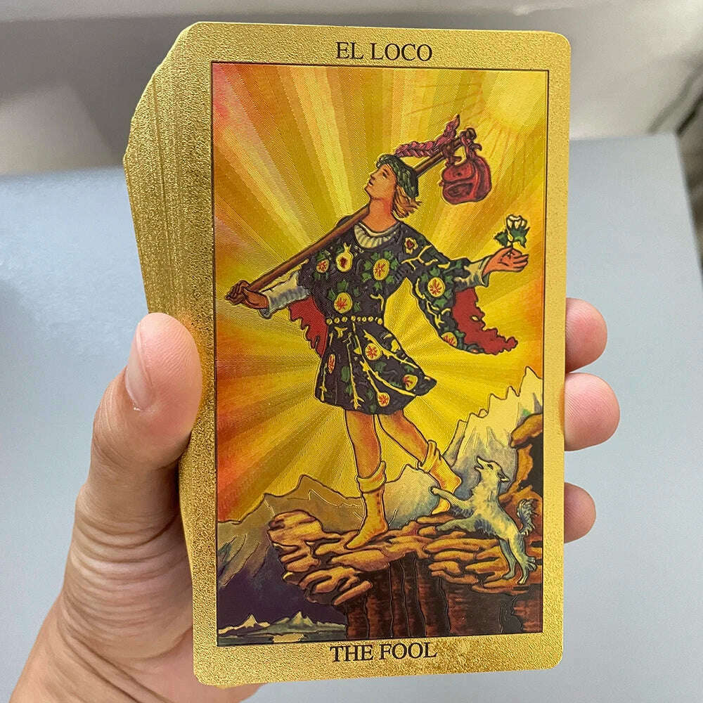 KIMLUD, Spanish and English Golden Foil Tarot Cards 12x7cm Divination Prophecy Deck for Beginners with 2-Languages Guidebook Taro, KIMLUD Womens Clothes