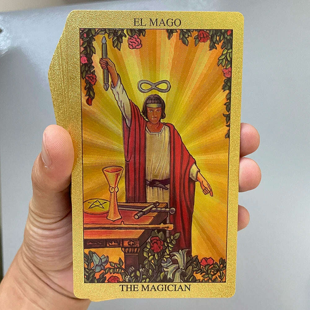 KIMLUD, Spanish and English Golden Foil Tarot Cards 12x7cm Divination Prophecy Deck for Beginners with 2-Languages Guidebook Taro, KIMLUD Womens Clothes
