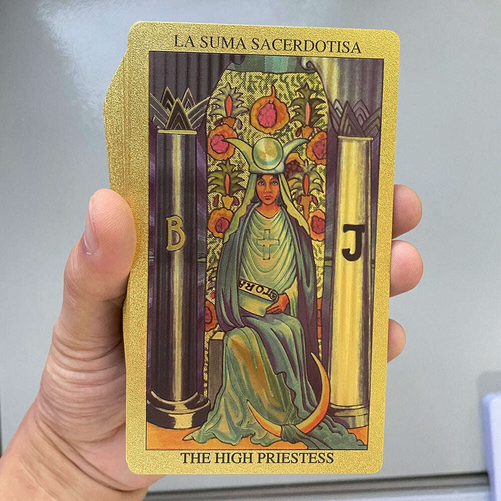 KIMLUD, Spanish and English Golden Foil Tarot Cards 12x7cm Divination Prophecy Deck for Beginners with 2-Languages Guidebook Taro, KIMLUD Womens Clothes