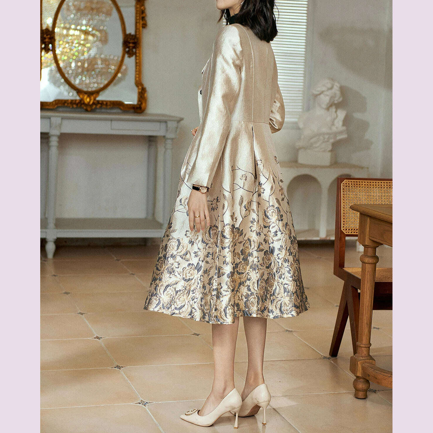 KIMLUD, Spring and Autumn New Light Luxury Jacquard Embroidered Retro Windbreaker Mid Length Small Fragrant Wind Dress for Women, KIMLUD Womens Clothes