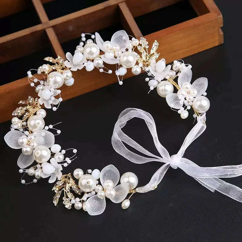 Spring Bohemian Girls Bridal Pearl Hair Headdress Flower Wreath Bride Garland Head Hoop Headbands Hair Jewelry Children Gifts - KIMLUD
