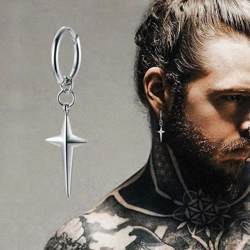 Stainless Steel Four Pointed North Star Huggie Hoops Earrings For Men Piercing Or No Piercing Cross Jewelry Gift For Her Him - KIMLUD