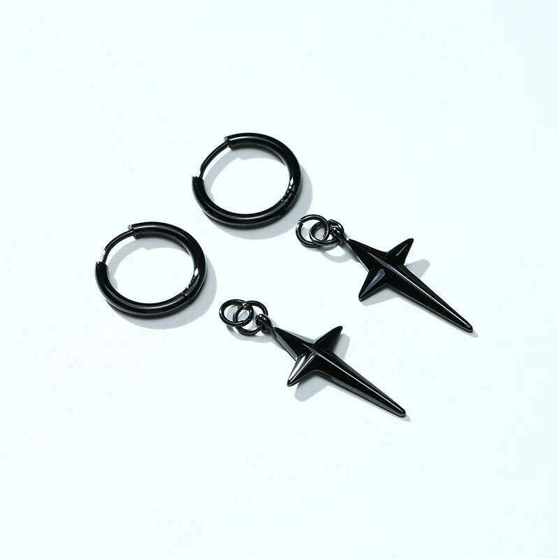 Stainless Steel Four Pointed North Star Huggie Hoops Earrings For Men Piercing Or No Piercing Cross Jewelry Gift For Her Him - KIMLUD