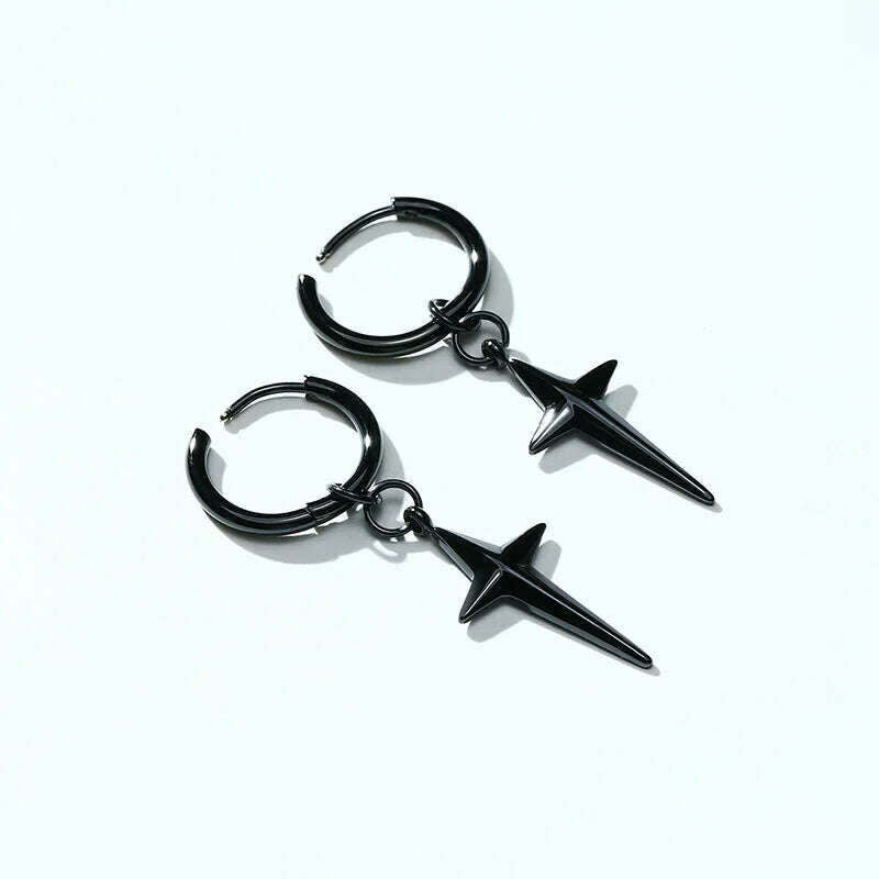 Stainless Steel Four Pointed North Star Huggie Hoops Earrings For Men Piercing Or No Piercing Cross Jewelry Gift For Her Him - KIMLUD
