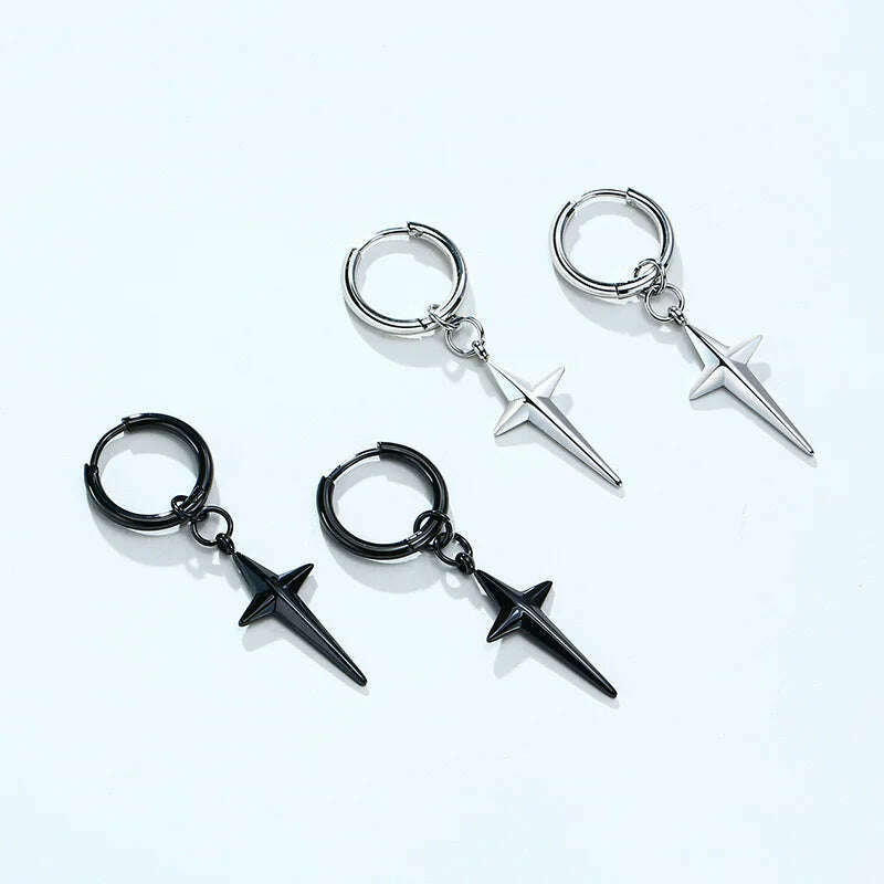 Stainless Steel Four Pointed North Star Huggie Hoops Earrings For Men Piercing Or No Piercing Cross Jewelry Gift For Her Him - KIMLUD