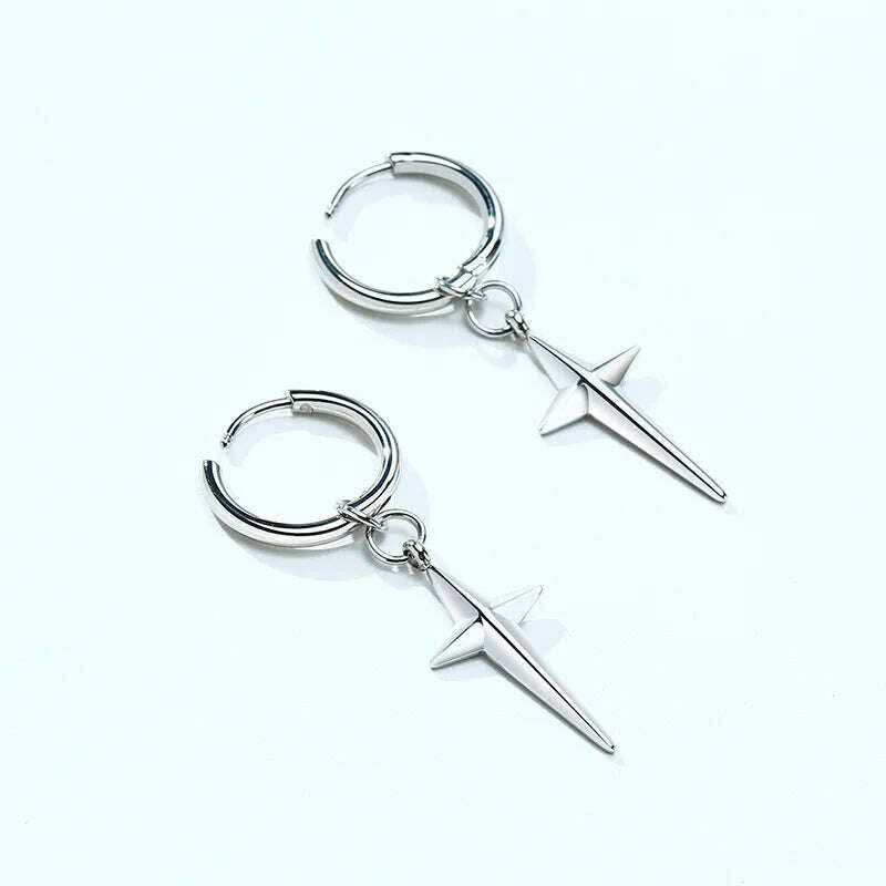 Stainless Steel Four Pointed North Star Huggie Hoops Earrings For Men Piercing Or No Piercing Cross Jewelry Gift For Her Him - KIMLUD