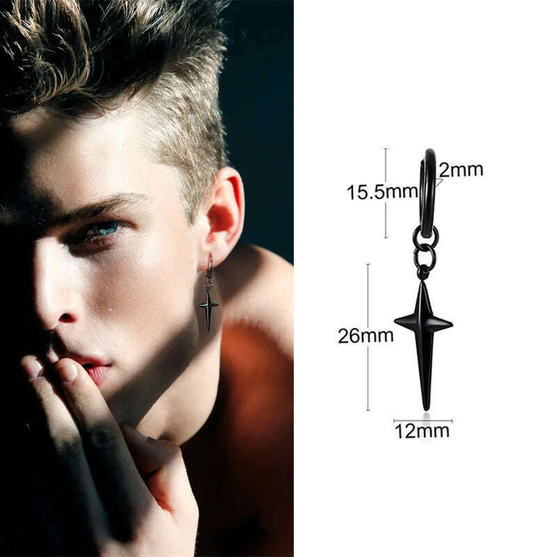 Stainless Steel Four Pointed North Star Huggie Hoops Earrings For Men Piercing Or No Piercing Cross Jewelry Gift For Her Him - KIMLUD