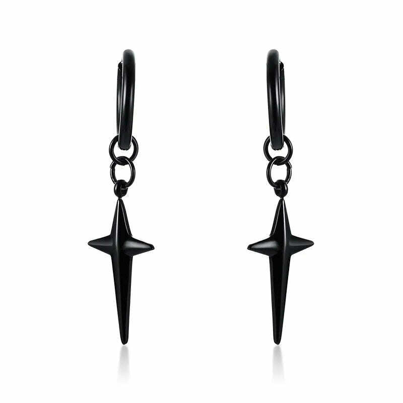 Stainless Steel Four Pointed North Star Huggie Hoops Earrings For Men Piercing Or No Piercing Cross Jewelry Gift For Her Him - KIMLUD