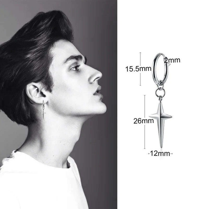 Stainless Steel Four Pointed North Star Huggie Hoops Earrings For Men Piercing Or No Piercing Cross Jewelry Gift For Her Him - KIMLUD
