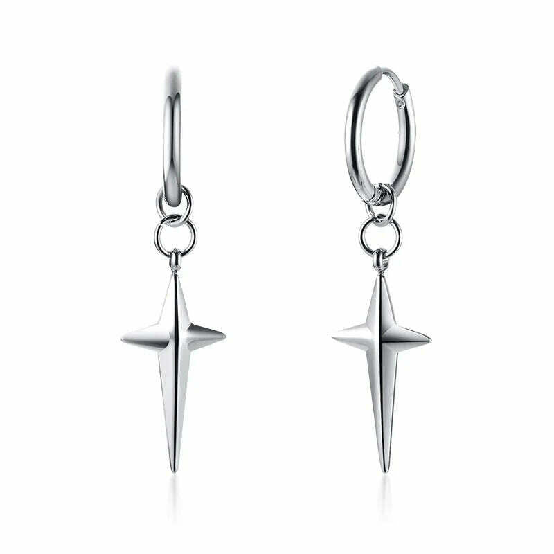 Stainless Steel Four Pointed North Star Huggie Hoops Earrings For Men Piercing Or No Piercing Cross Jewelry Gift For Her Him - KIMLUD