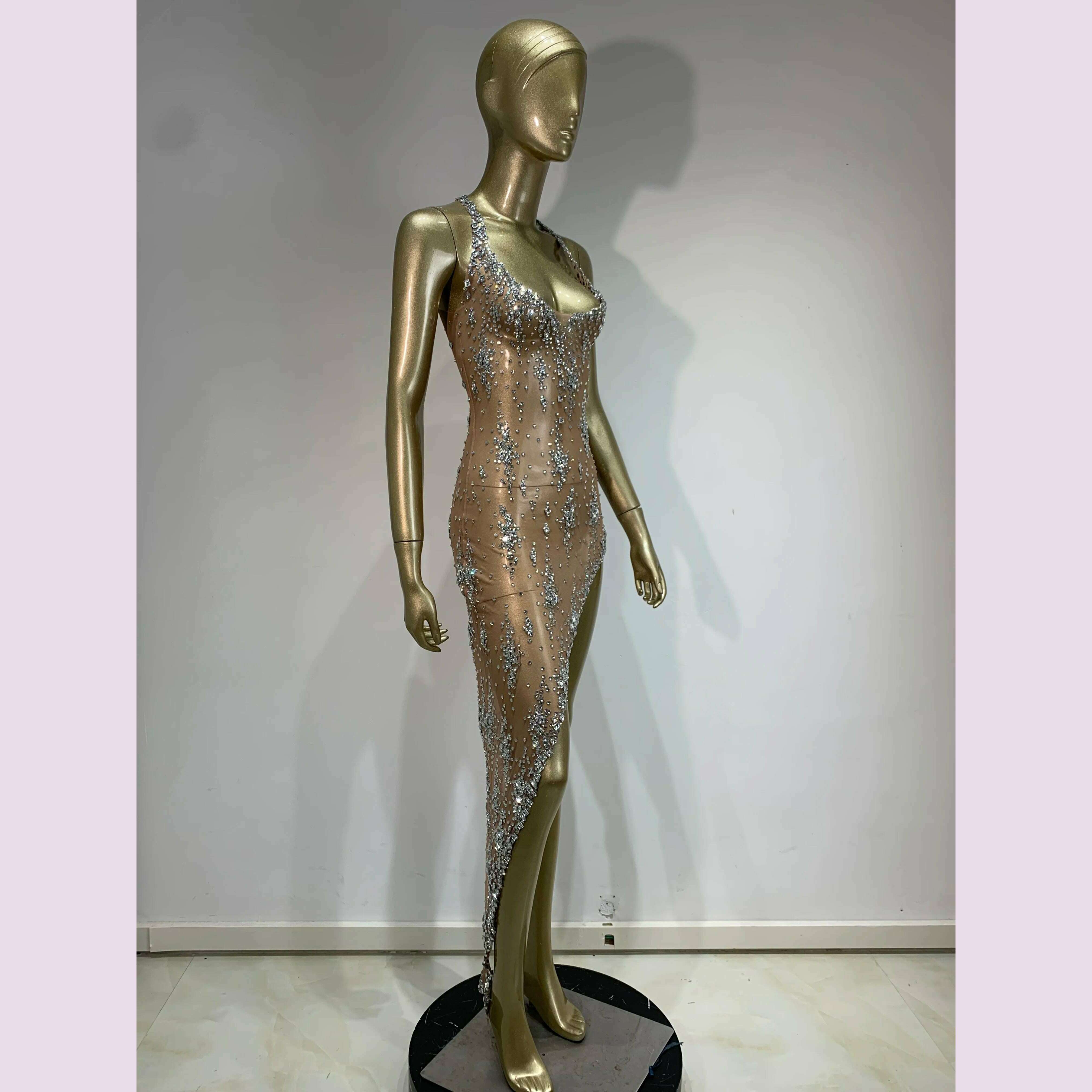 Stock Sparkly Rhinestone Evening Dress Women Celebrity Birthday Wear Sexy See Through Mesh Photo Shoot Stage performance Costume - KIMLUD