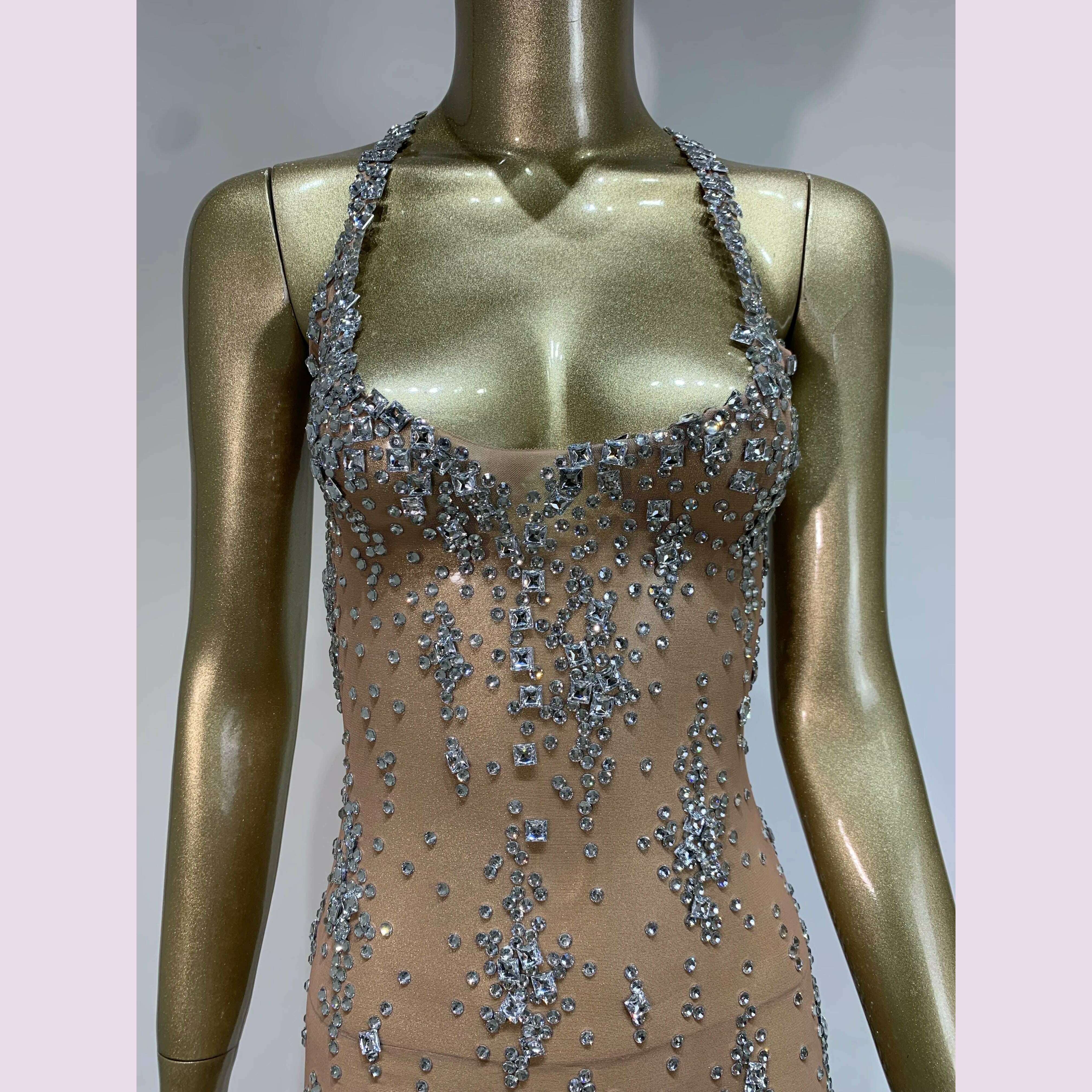 Stock Sparkly Rhinestone Evening Dress Women Celebrity Birthday Wear Sexy See Through Mesh Photo Shoot Stage performance Costume - KIMLUD