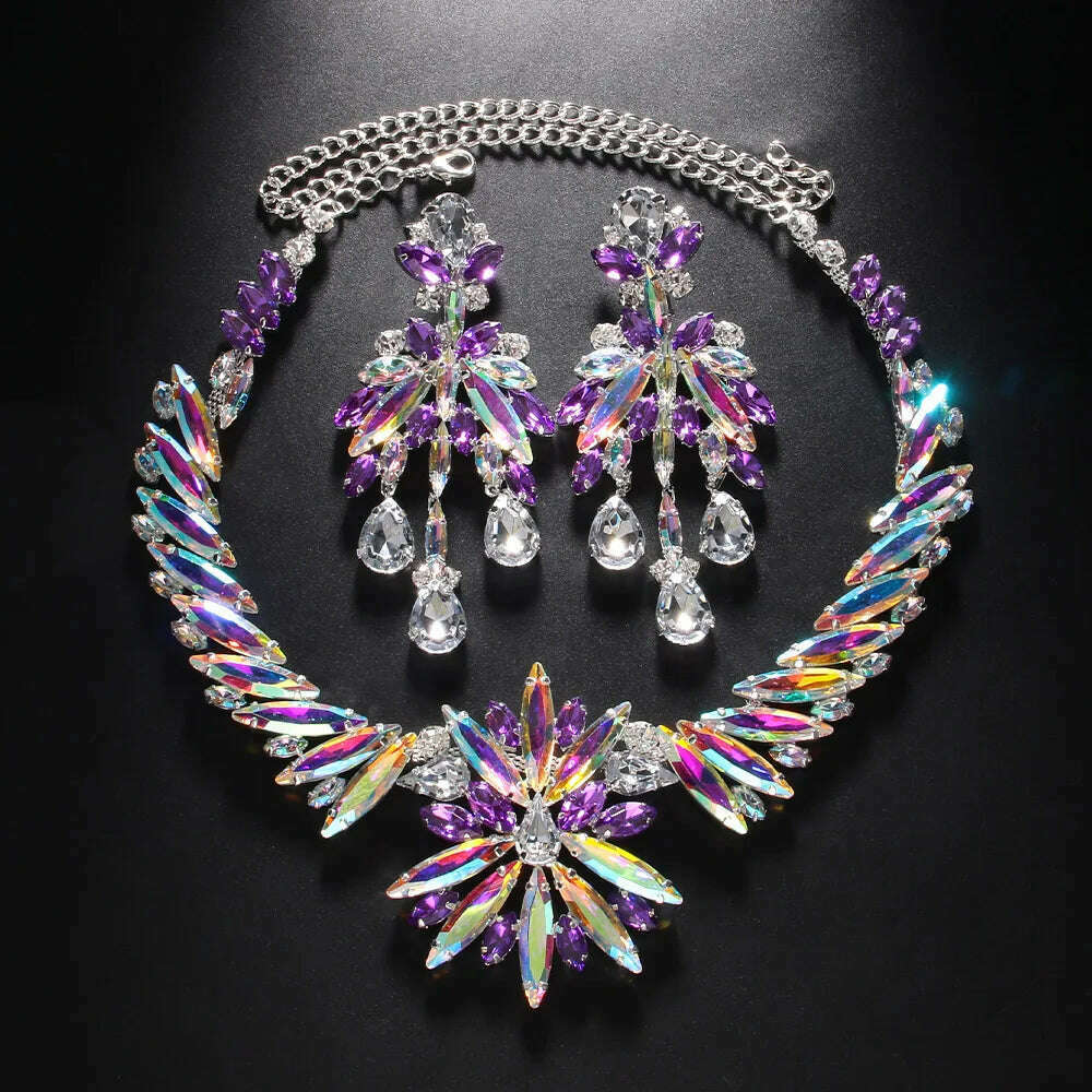 Stonefans Exaggerated Flowers Necklace Earrings Set for Women Summer Party Statement Rhinestones Jewelry Set 2023 Accessories - KIMLUD