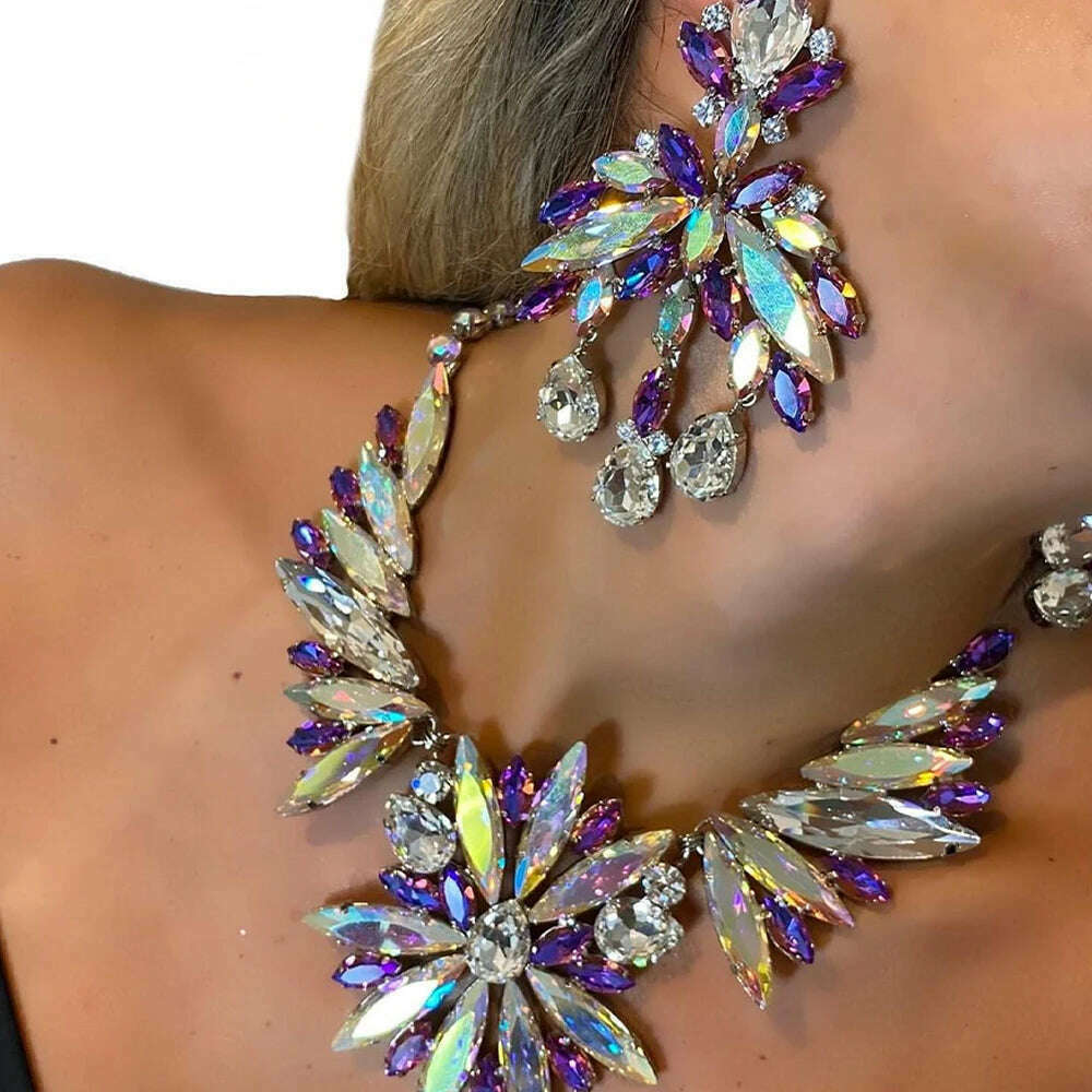 Stonefans Exaggerated Flowers Necklace Earrings Set for Women Summer Party Statement Rhinestones Jewelry Set 2023 Accessories - KIMLUD