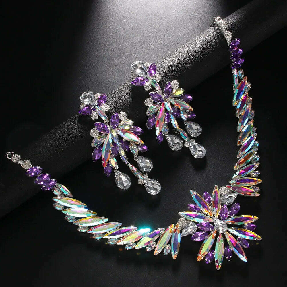 Stonefans Exaggerated Flowers Necklace Earrings Set for Women Summer Party Statement Rhinestones Jewelry Set 2023 Accessories - KIMLUD