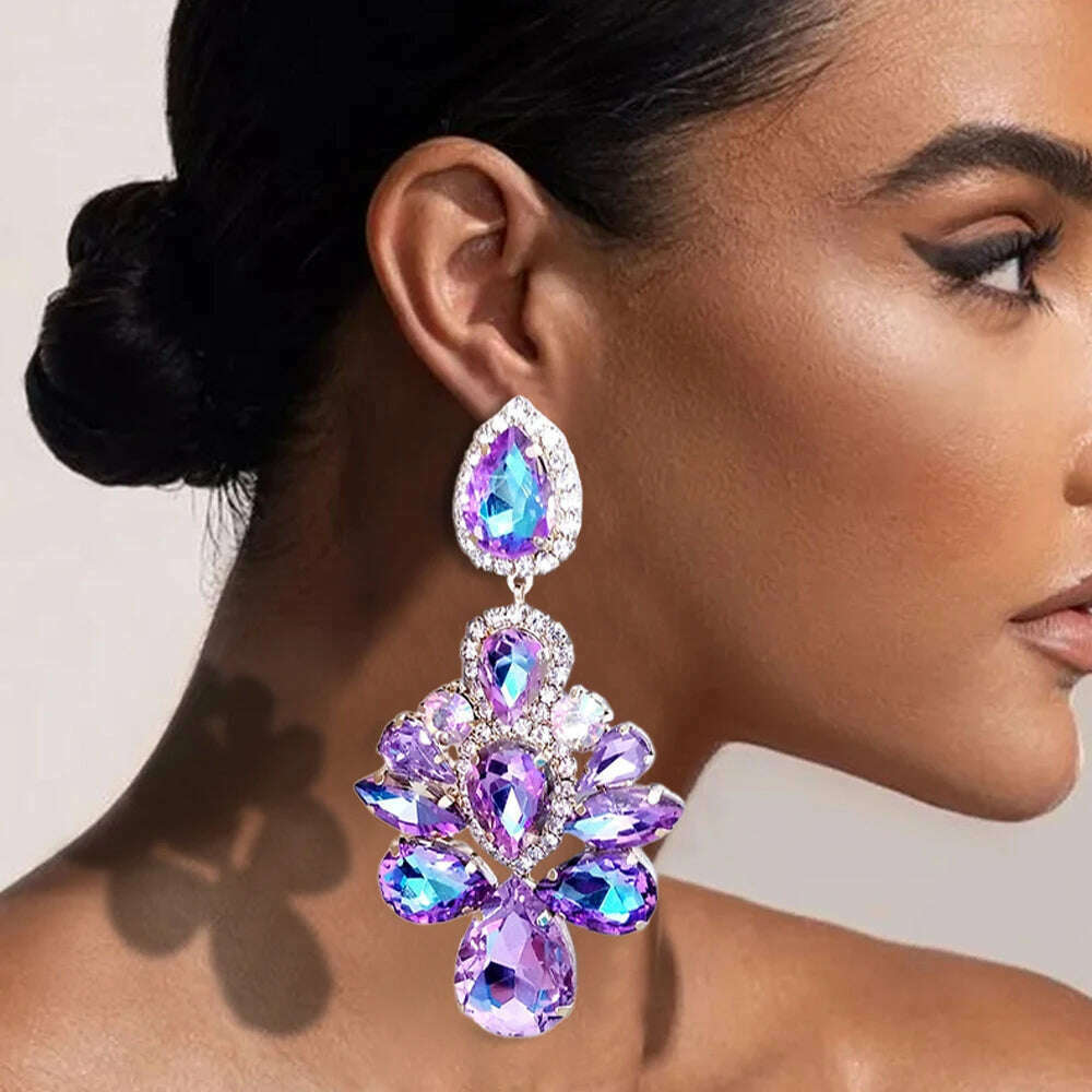 Stonefans Purple Crystal Dangle Earrings for Women Studs Wedding Free Shipping Water Drop Statement Rhinestone Earrings Jewelry - KIMLUD