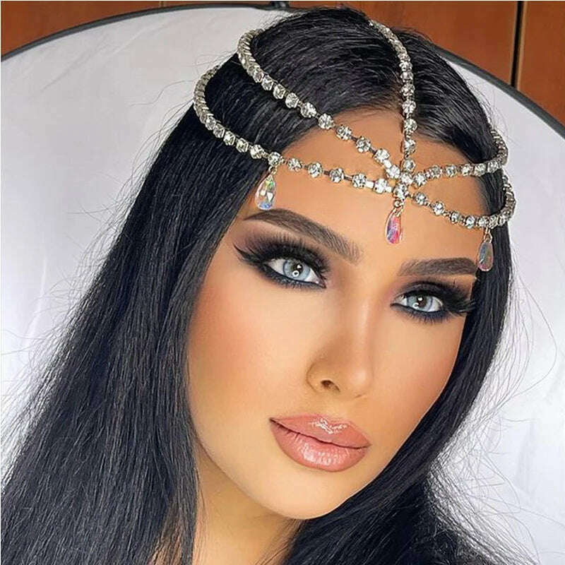 KIMLUD, StoneFans Water Drop Pendant Hat for Women 2022 Rhinestone Forehead Hair Chain Bridal Jewelry Headpiece Wedding Accessories Gift, KIMLUD Womens Clothes
