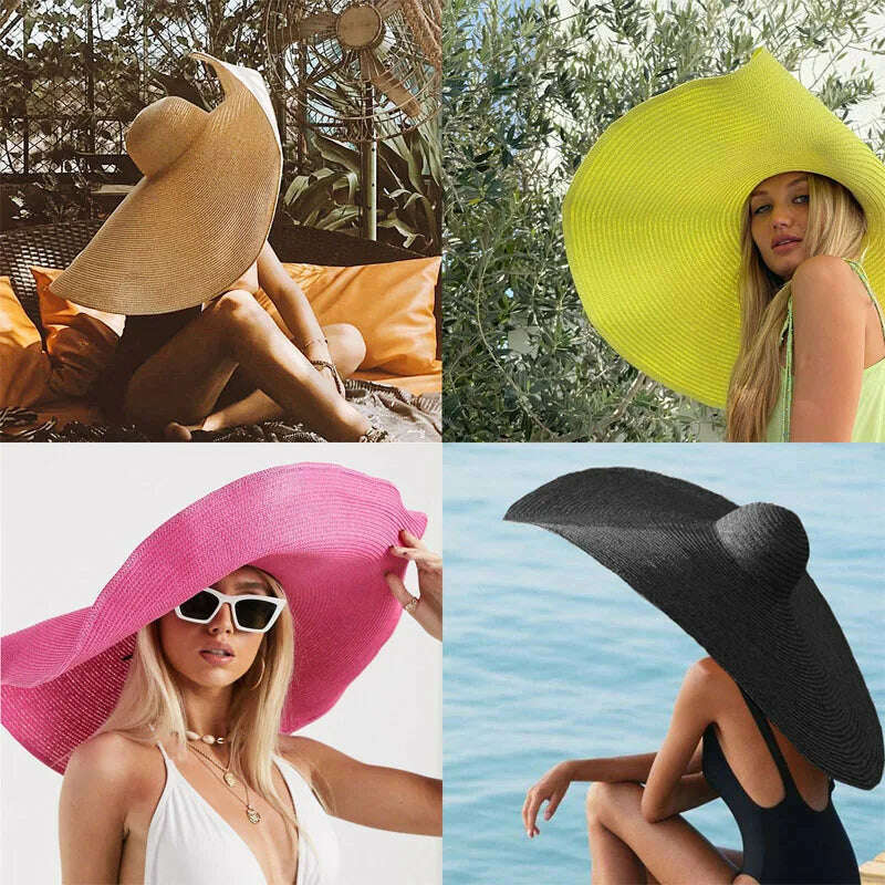 Summer 70cm Large Wide Brim Sun Hats For Women Oversized Beach Hat Foldable Travel Straw Hat Lady UV Protection Sun Shade Hat - KIMLUD