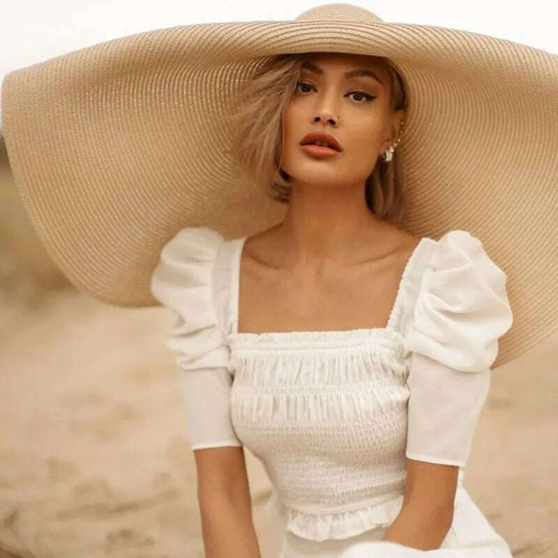 Summer 70cm Large Wide Brim Sun Hats For Women Oversized Beach Hat Foldable Travel Straw Hat Lady UV Protection Sun Shade Hat - KIMLUD