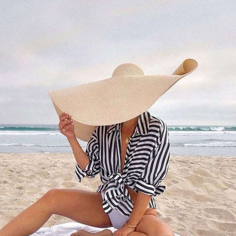 Summer 70cm Large Wide Brim Sun Hats For Women Oversized Beach Hat Foldable Travel Straw Hat Lady UV Protection Sun Shade Hat - KIMLUD