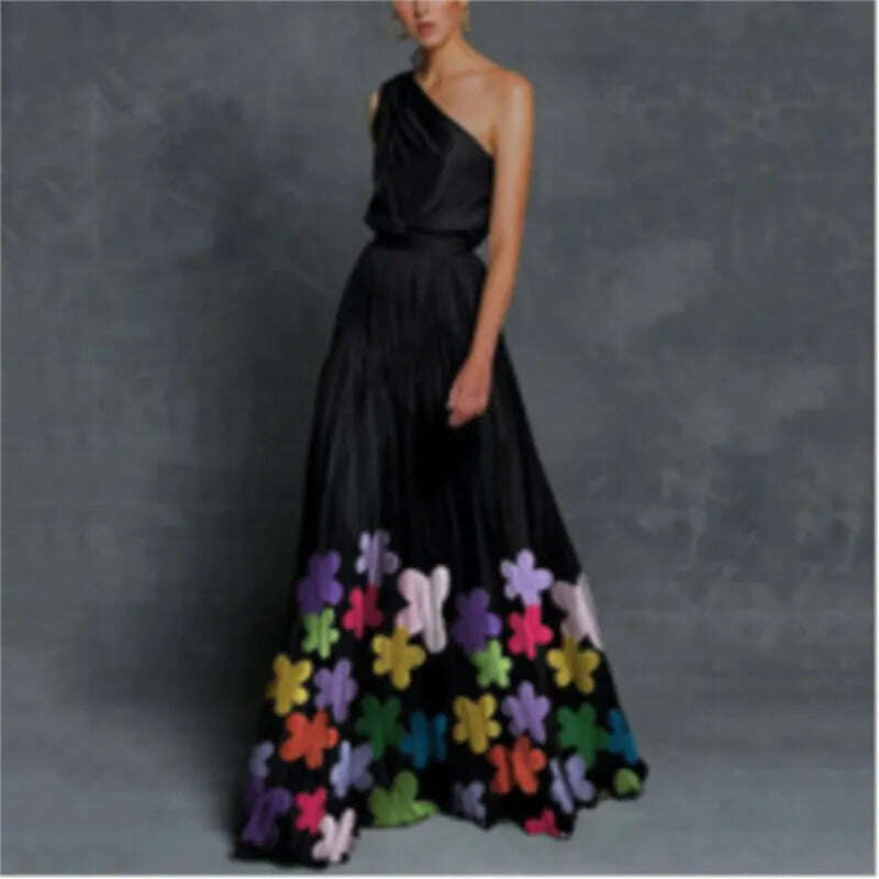 KIMLUD, Summer Dresses 2025 Fashion One Shoulder Sleeveless Splicing Print Off Shoulder Long Dresses Elegant Women Clothing Dress Hot, KIMLUD Womens Clothes