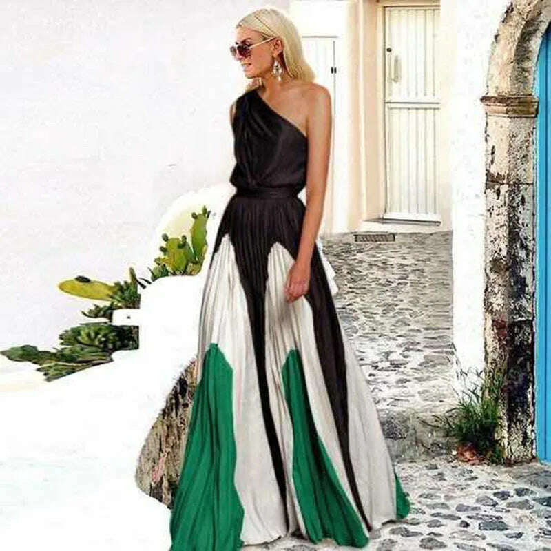 KIMLUD, Summer Dresses 2025 Fashion One Shoulder Sleeveless Splicing Print Off Shoulder Long Dresses Elegant Women Clothing Dress Hot, black green / XXL, KIMLUD APPAREL - Womens Clothes
