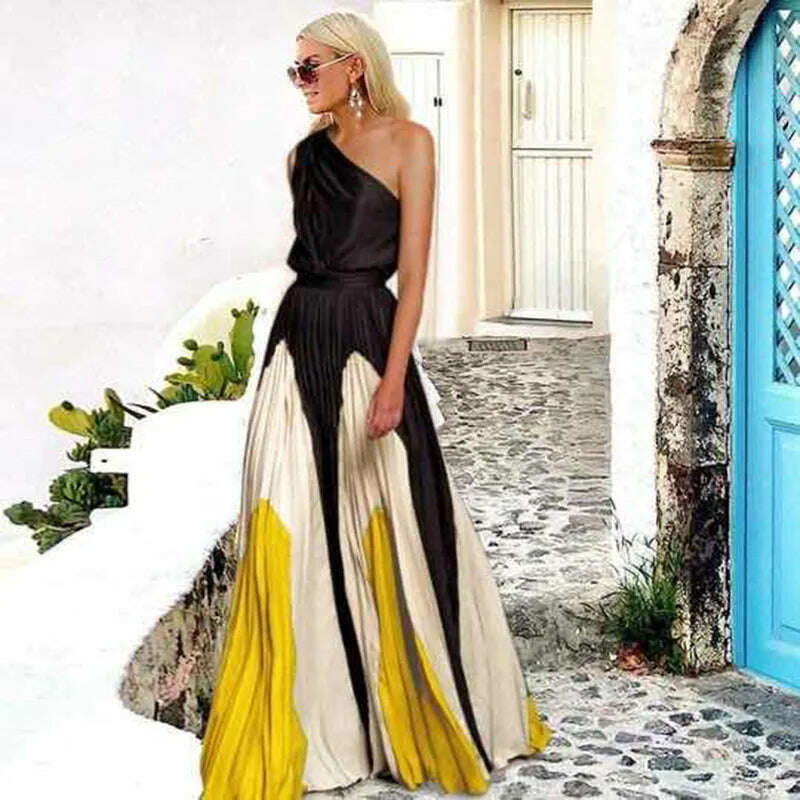 KIMLUD, Summer Dresses 2025 Fashion One Shoulder Sleeveless Splicing Print Off Shoulder Long Dresses Elegant Women Clothing Dress Hot, black orange / XXL, KIMLUD APPAREL - Womens Clothes