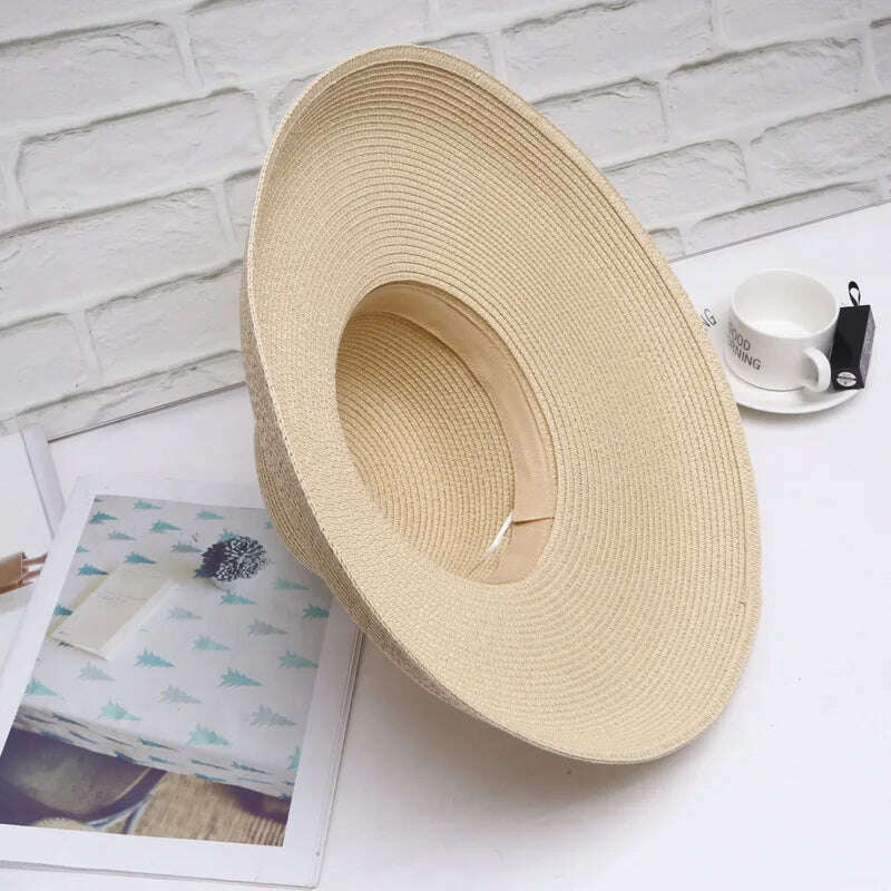 Summer Lady Pleated Straw Hat Women Hepburn Style Casual Sun Hat Large Brim Floppy Sun Hat Cap Holiday Beach Casquette Gorros - KIMLUD