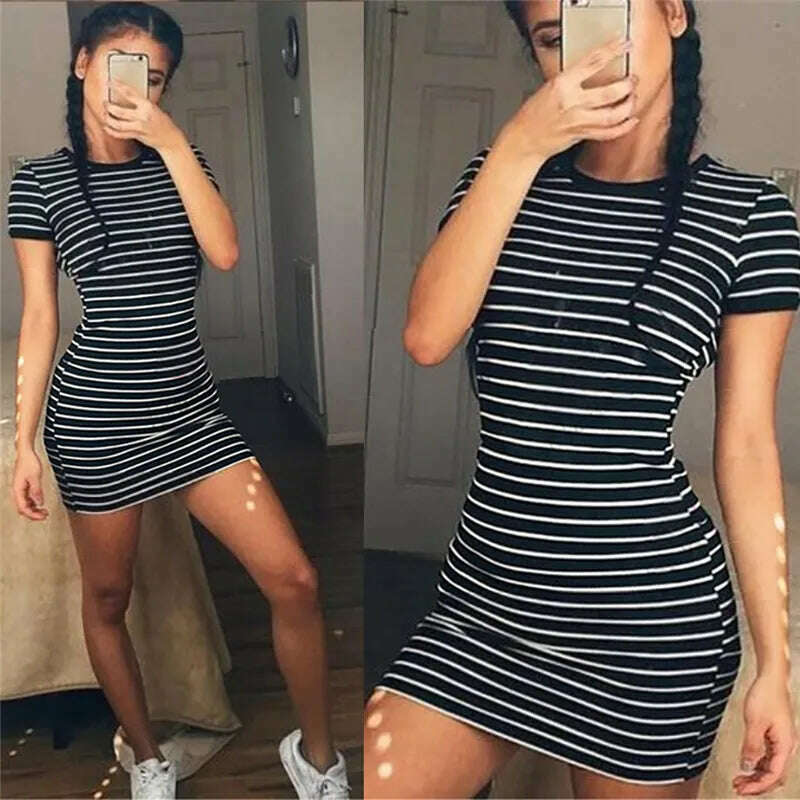 Summer Round Neck Enough Stock Short-sleeved Dress Black And White Striped Dresses Casual Elegant Sheath Slim Dress - KIMLUD