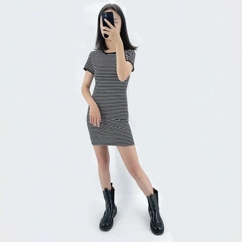 Summer Round Neck Enough Stock Short-sleeved Dress Black And White Striped Dresses Casual Elegant Sheath Slim Dress - KIMLUD