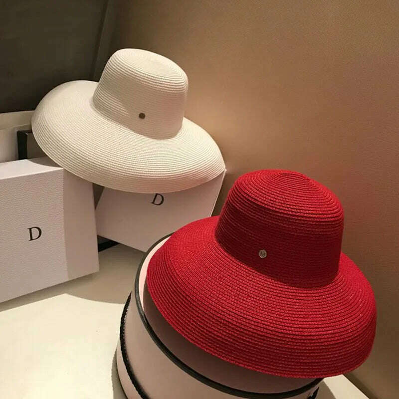 Summer Wide Brim Beach Sun Hat Big Floppy Women Hat Red Black White Red UV Sun Block Straw Hat Foldable Travel Derby Hat - KIMLUD